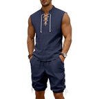 Men's Sleeveless Leisure Set with Lace Collar and Drawstring Bermuda