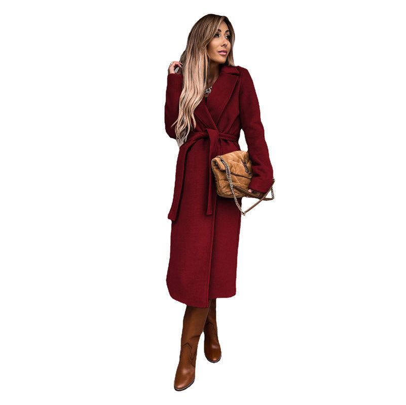 Women's Elegant Long Coat with Waist Belt and Slim Fit