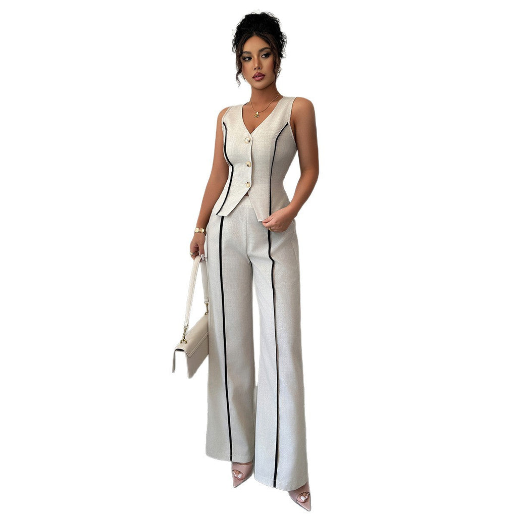 Women's Elegant Pants Suit with Fitted Top and Button Details