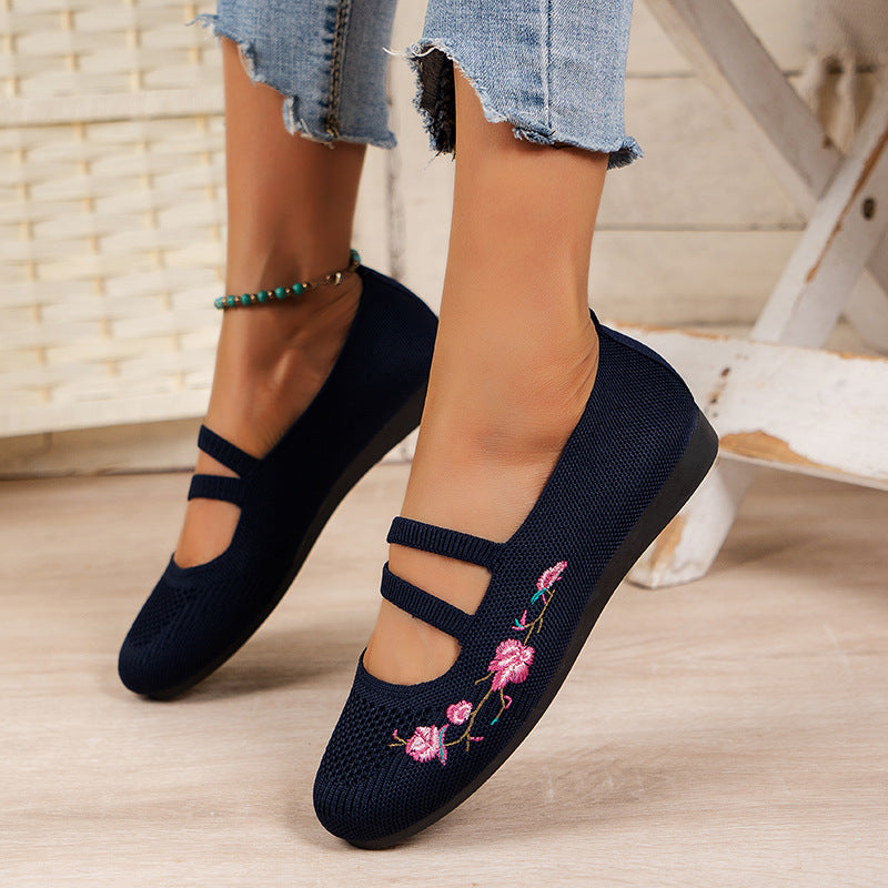 Women's Ballet Flats with Floral Embroidery and Mesh
