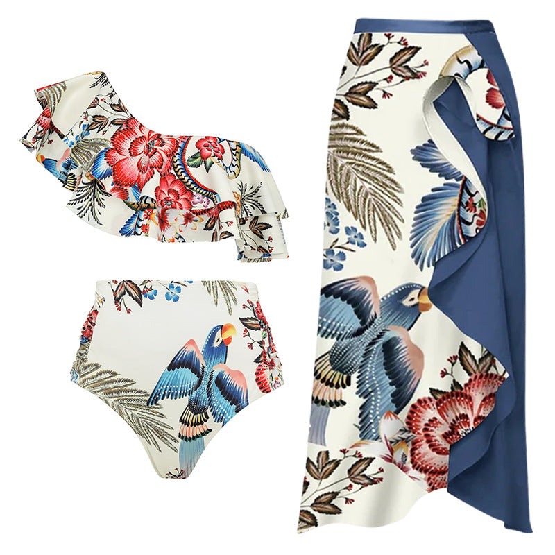 Women's Floral Ruffle Swimsuit Set with High-Waisted Shorts