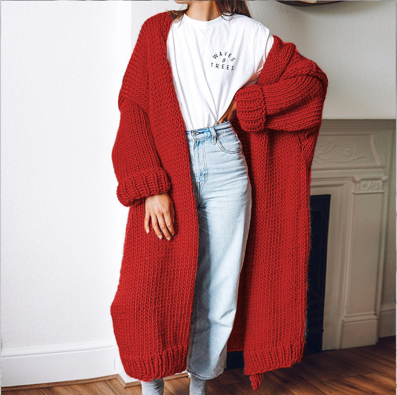 Women's Chunky Knit Coat with Voluminous Sleeves and Relaxed Fit