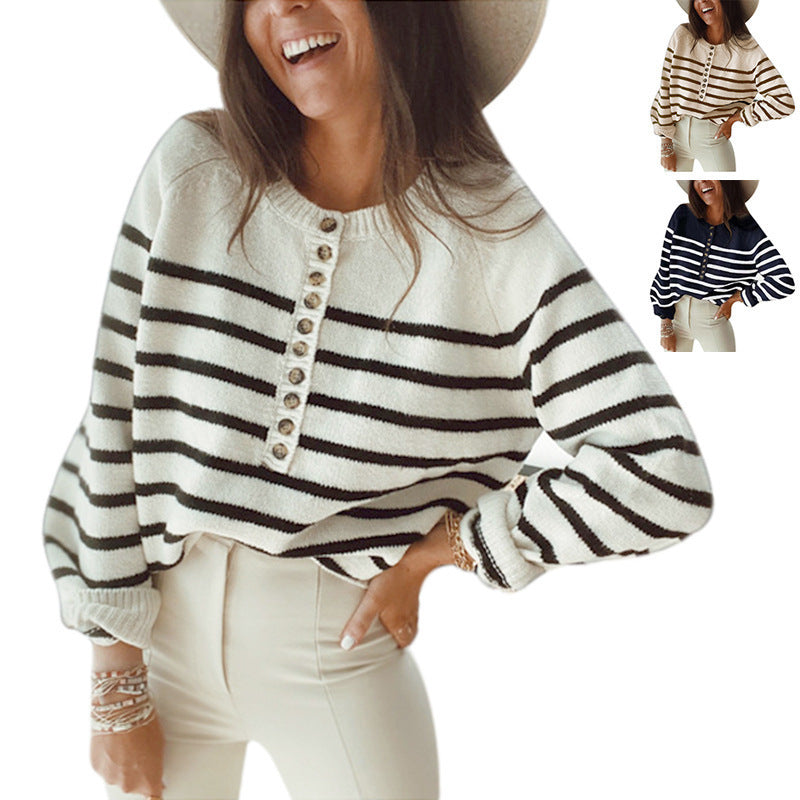 Women's Patterned Knit Sweater with Button Placket