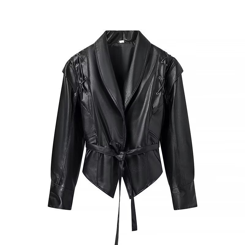 Women's Cropped Faux Leather Jacket with Asymmetric Collar