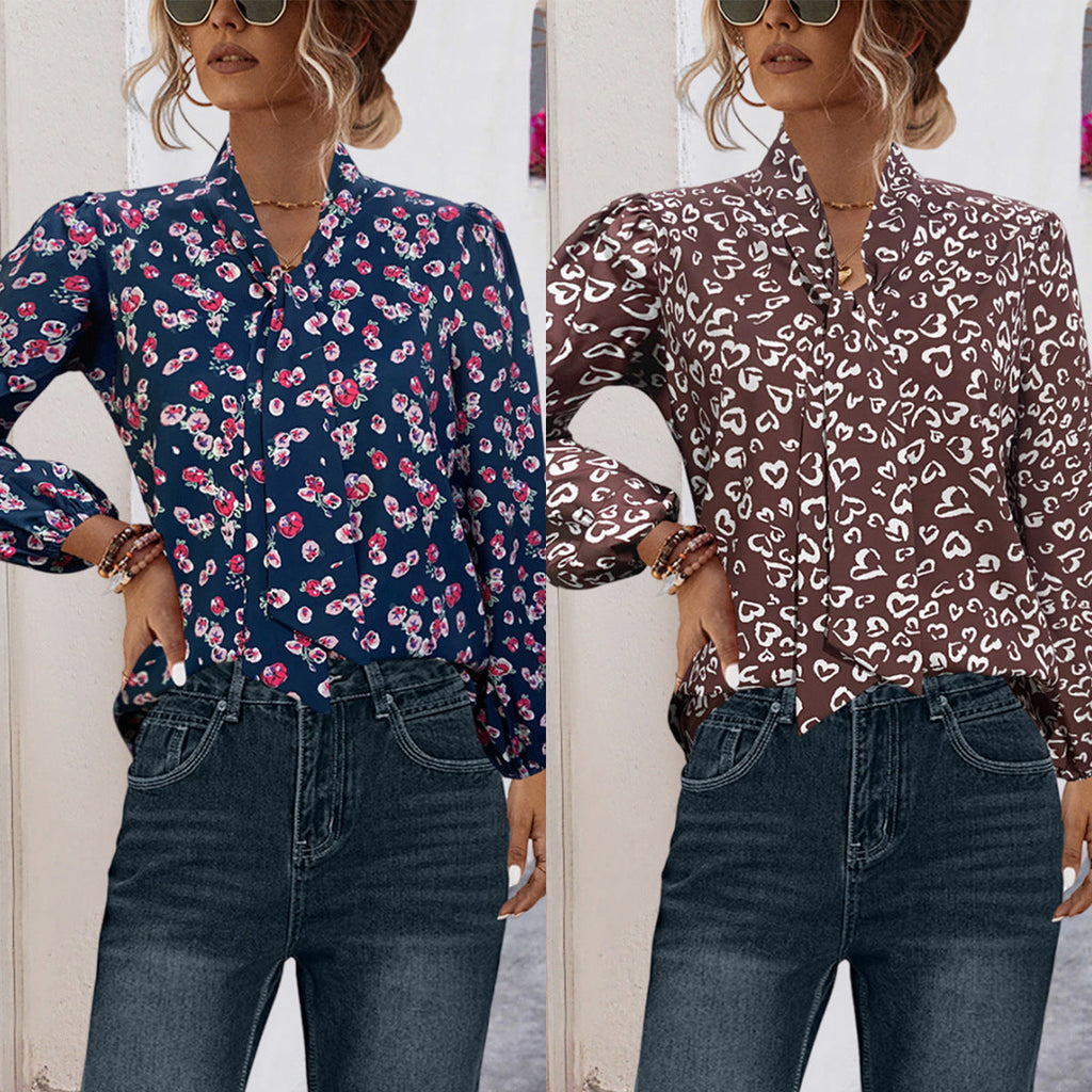 Women's Blouse with Floral Design and Elegant Bow Opening