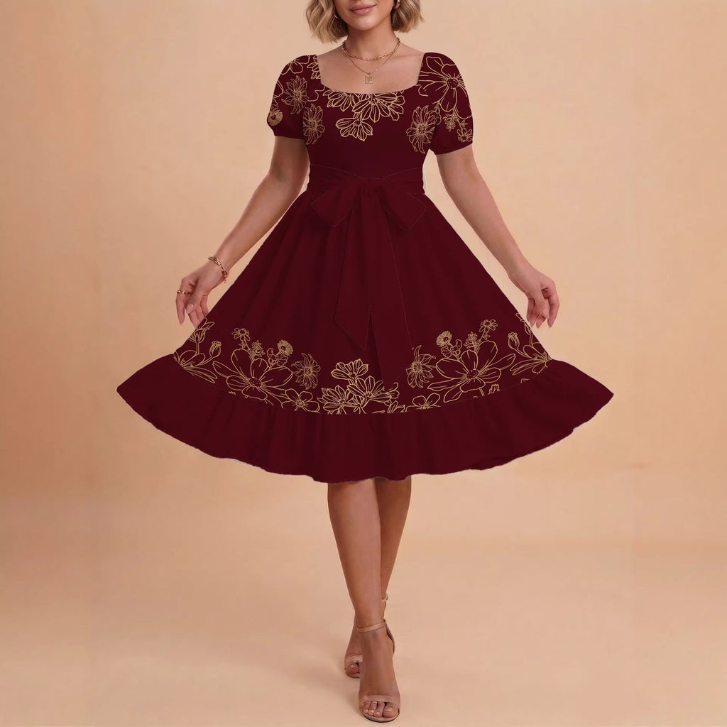 Women's A-Line Dress with Floral Motifs and Adjustable Belt