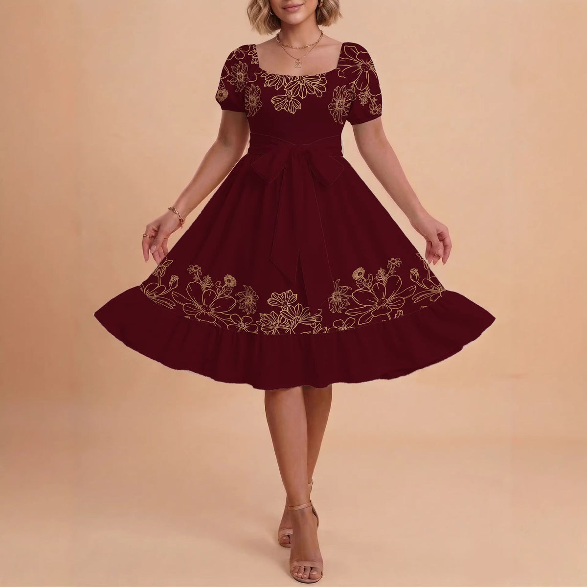 Women's A-Line Dress with Floral Motifs and Adjustable Belt