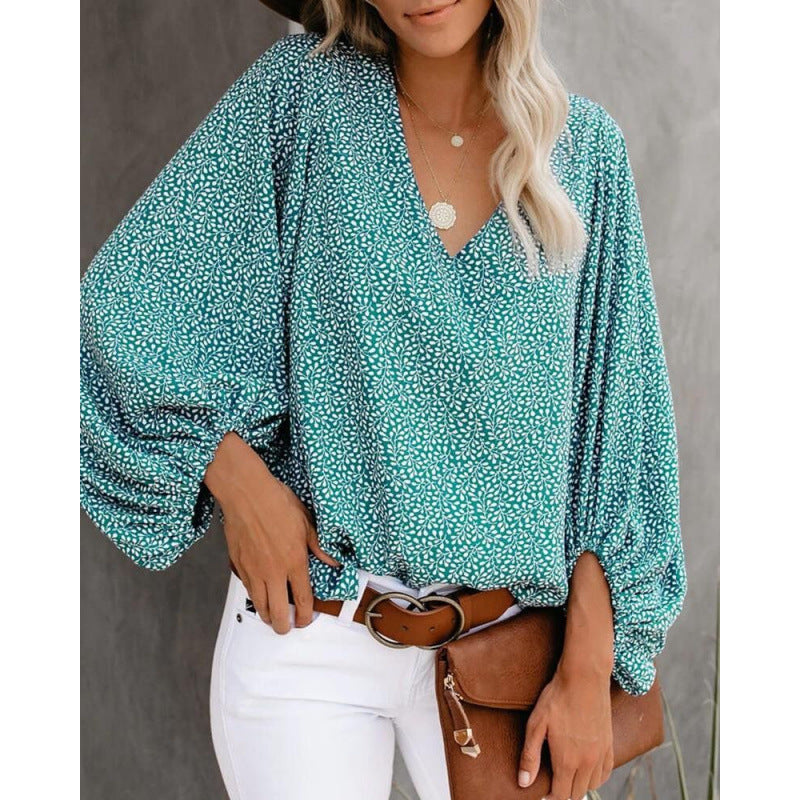 Women's Blouse with Wide Puff Sleeves and V-Neck