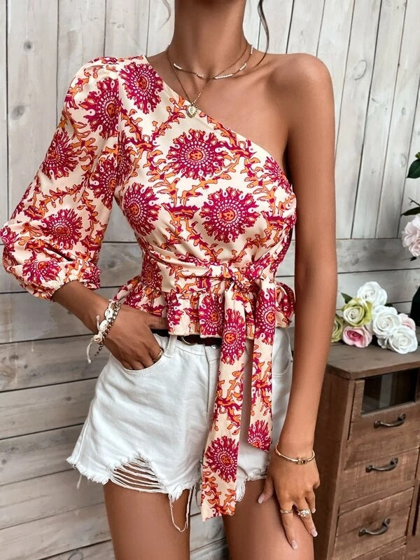 Women's Asymmetrical Top with Decorative Tie Belt and Balloon Sleeves