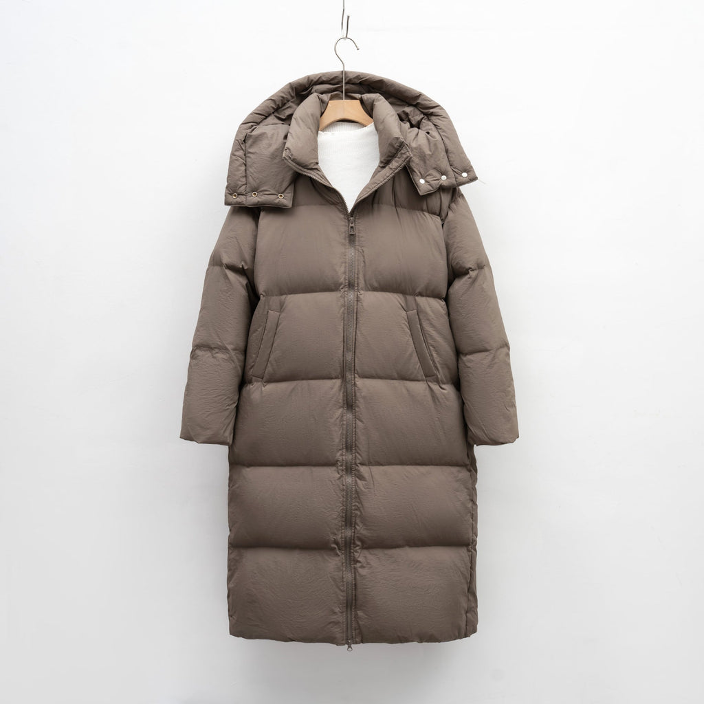 Women's Long Voluminous Down Coat with Detachable Hood and Side Pockets