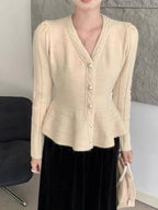Elegant Knit Cardigan with Textured Design and Puff Sleeves