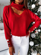 Women's Glamorous Knit Sweater with Mock Neck and Button Details