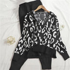 Women's Cozy Knit Loungewear Set with Leopard Print