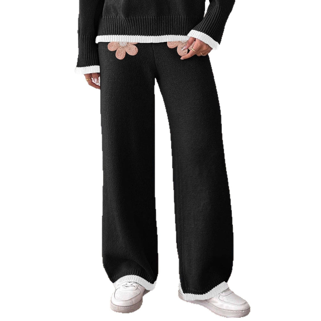 Women's Comfortable Knit Pants with Floral Appliqué Design