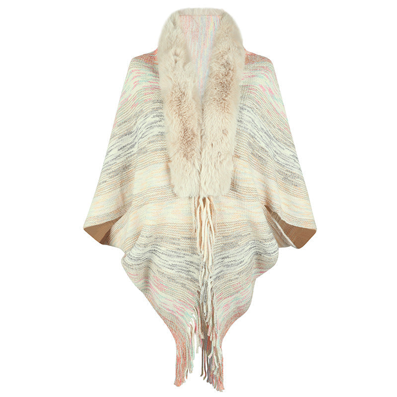 Elegant Women's Poncho with Faux Fur Collar and Fringed Hem