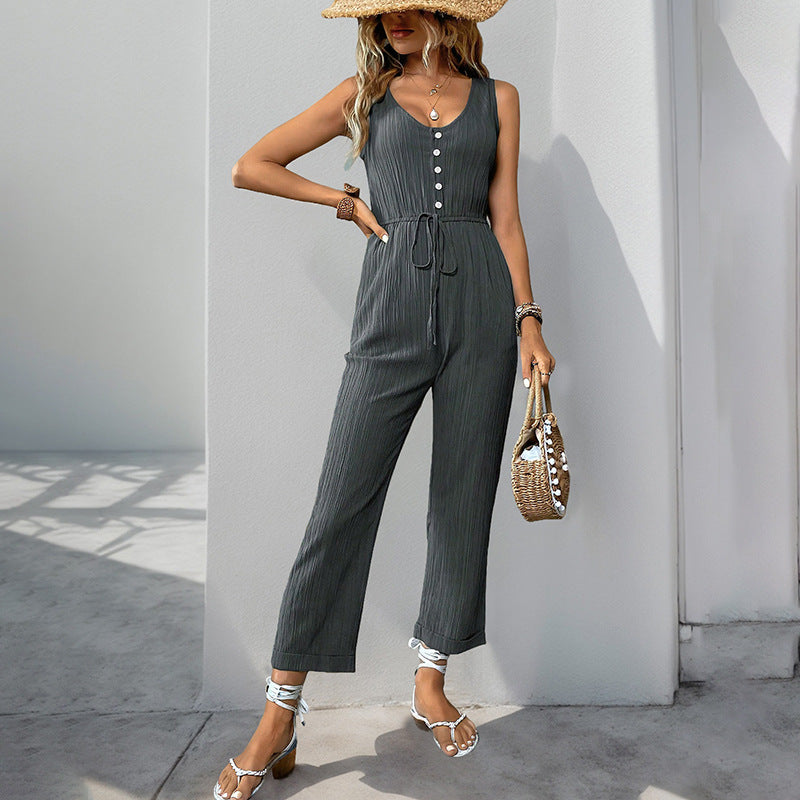 Elegant Jumpsuit with Button Placket and Adjustable Belt