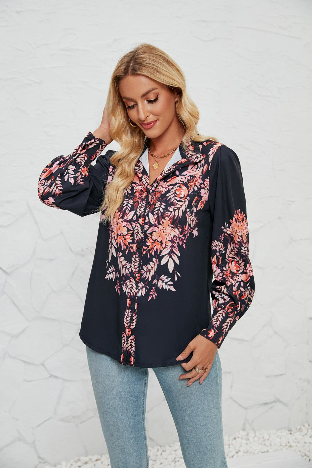 Women's Blouse with Floral Accents and Elegant Button Placket