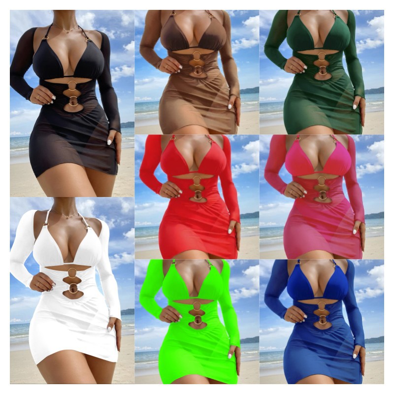 Women's Swimsuit Dress with Refined Cut-Outs and Long Sleeves