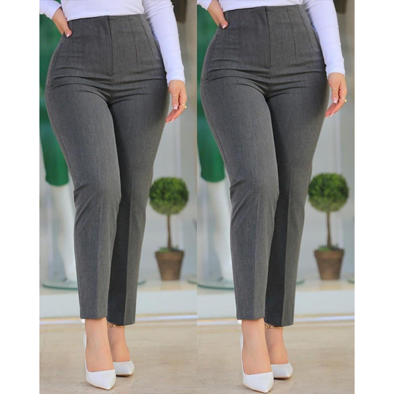 Women's High-Waisted Slimming Pants with Decorative Stitching