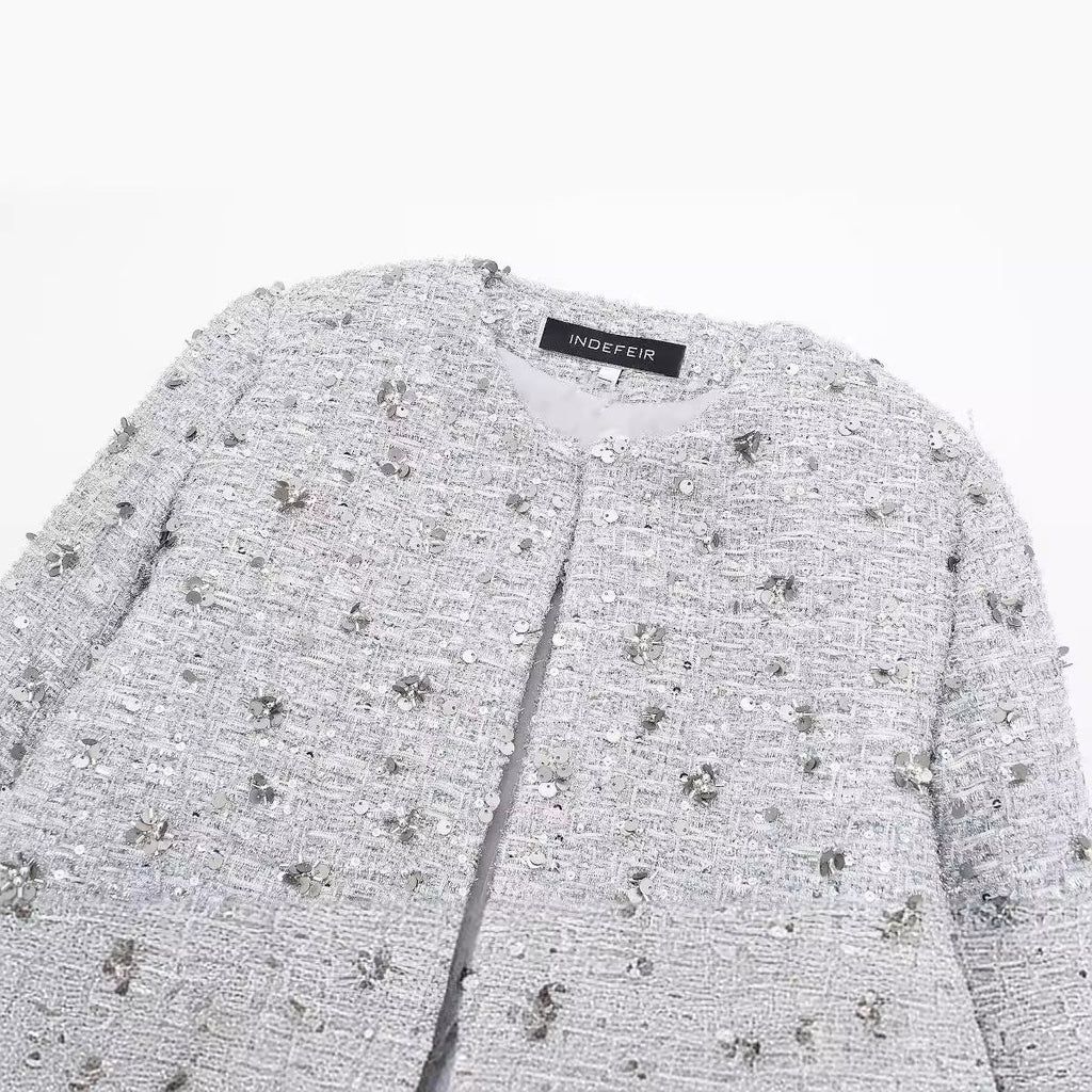 Elegant Tweed Jacket with Sparkling Sequins and Structured Design