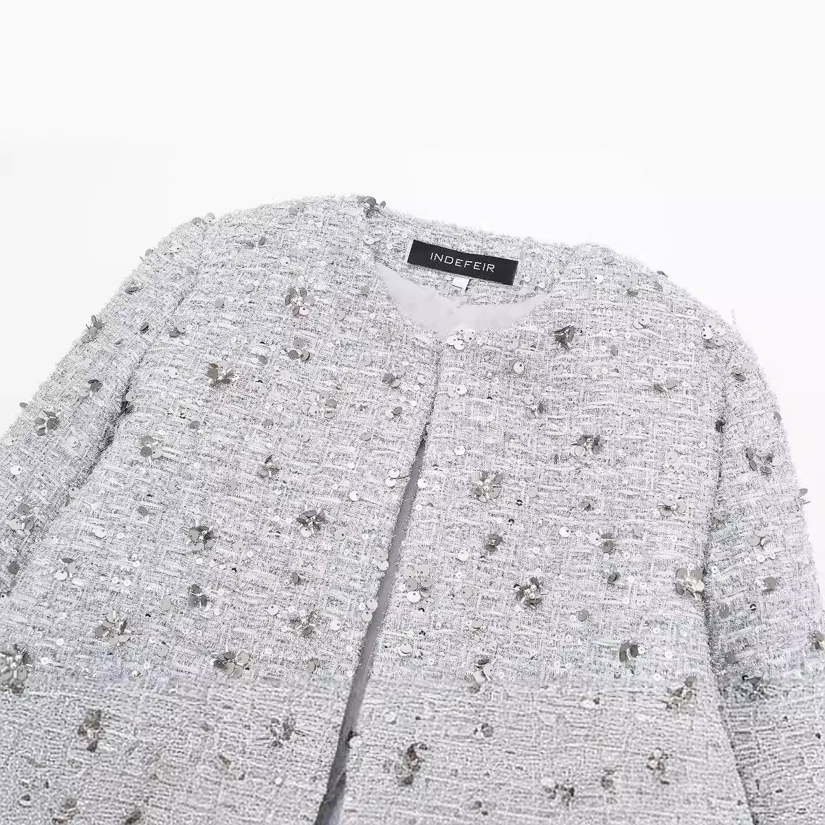 Elegant Tweed Jacket with Sparkling Sequins and Structured Design