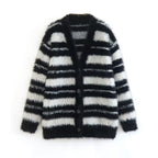 Cozy Women's Knit Cardigan with Modern Striped Pattern