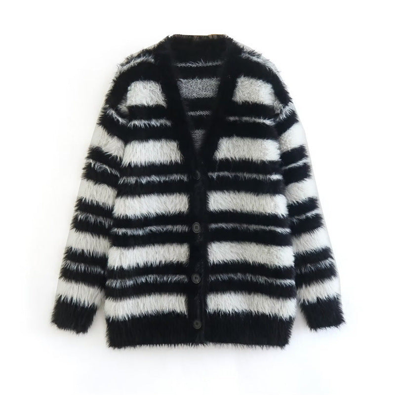Cozy Women's Knit Cardigan with Modern Striped Pattern