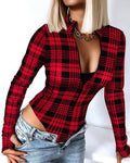 Women's Bodysuit with Stand-Up Collar and Fashionable Plaid Pattern
