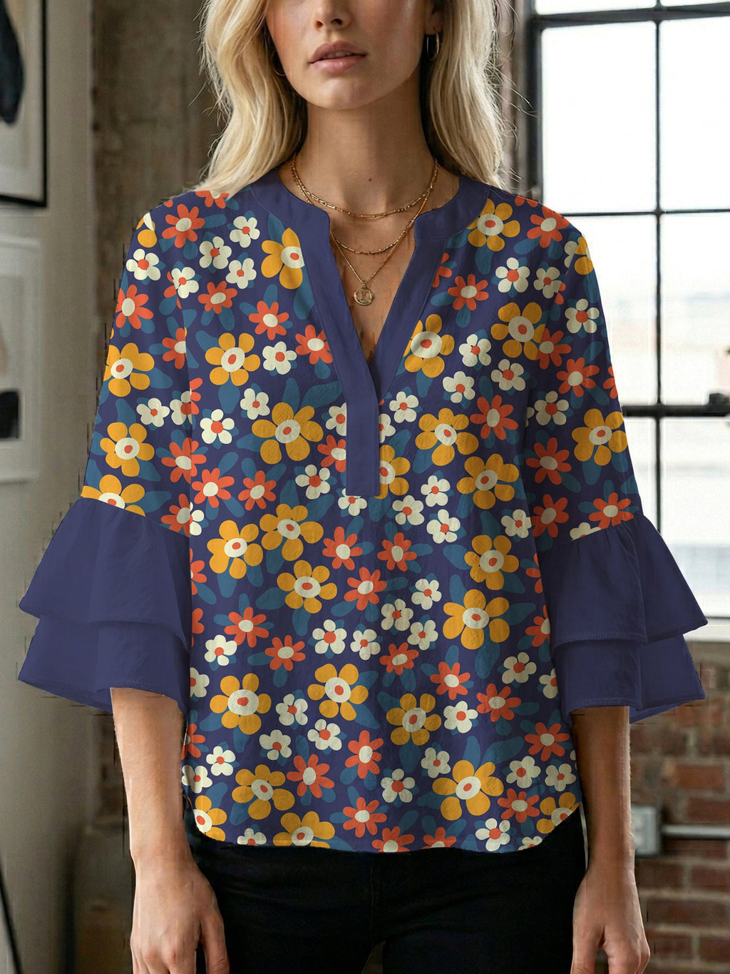 Women's Blouse with Voluminous Flutter Sleeves and Leaf Print