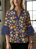 Women's Blouse with Voluminous Flutter Sleeves and Leaf Print