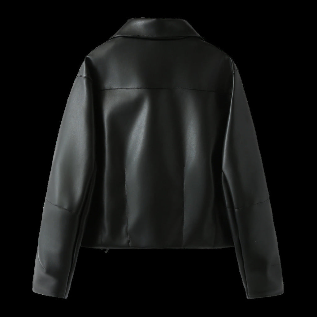 Women's Elegant Faux Leather Jacket with Modern Silhouette and Practical Pockets