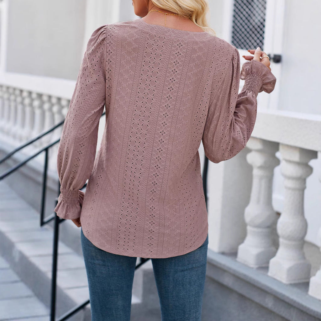 Women's Blouse with Elegant Eyelet Pattern and Casual Cut