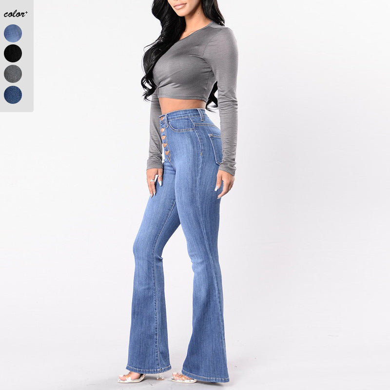 Women's High-Waisted Flared Jeans with Decorative Button Placket