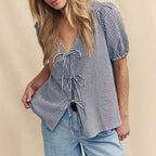 Women's Blouse with Knot Detail and Puffy Sleeves