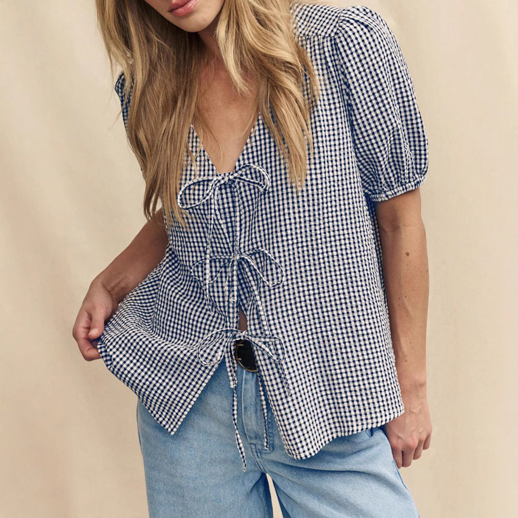 Women's Blouse with Knot Detail and Puffy Sleeves