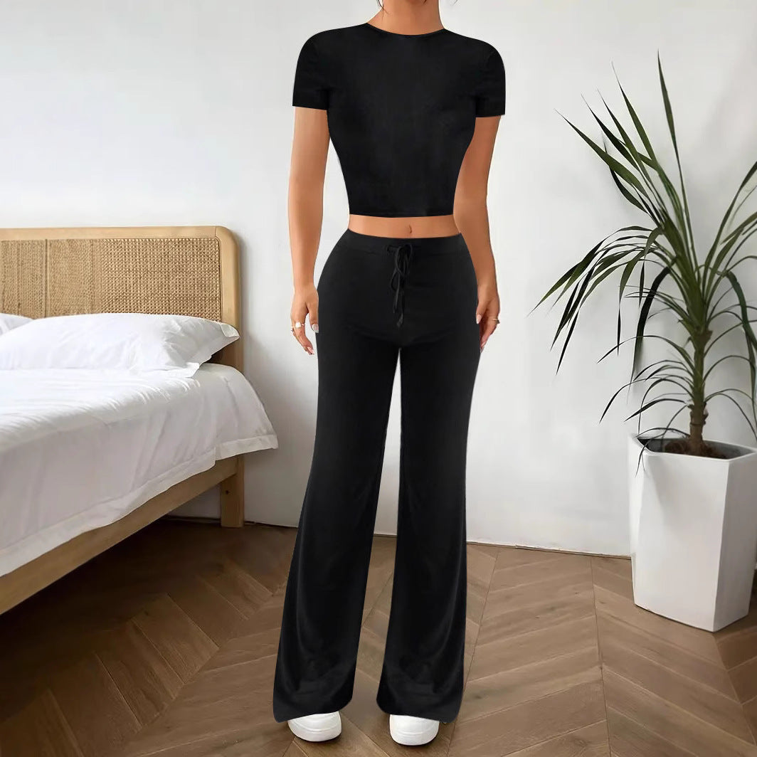 Women's Casual Lounge Set with Crop Top and Wide-Leg Pants
