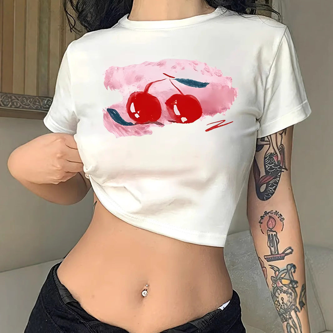 Women's Crop T-Shirt with Cherry Motif