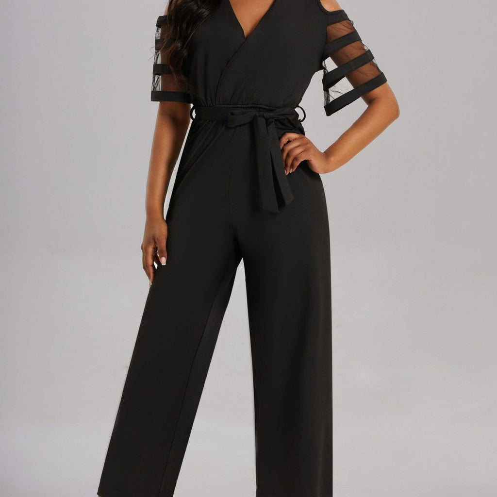 Elegant Jumpsuit with Sheer Sleeve Details and Waist Belt