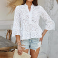 Women's Blouse with Eyelet Pattern and Flared Sleeves