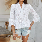 Women's Blouse with Eyelet Pattern and Flared Sleeves