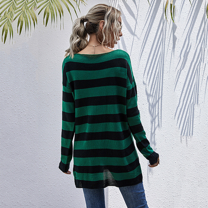 Women's Striped Oversized Sweater with Deep V-Neck and Trendy Cut-Outs