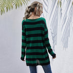 Women's Striped Oversized Sweater with Deep V-Neck and Trendy Cut-Outs