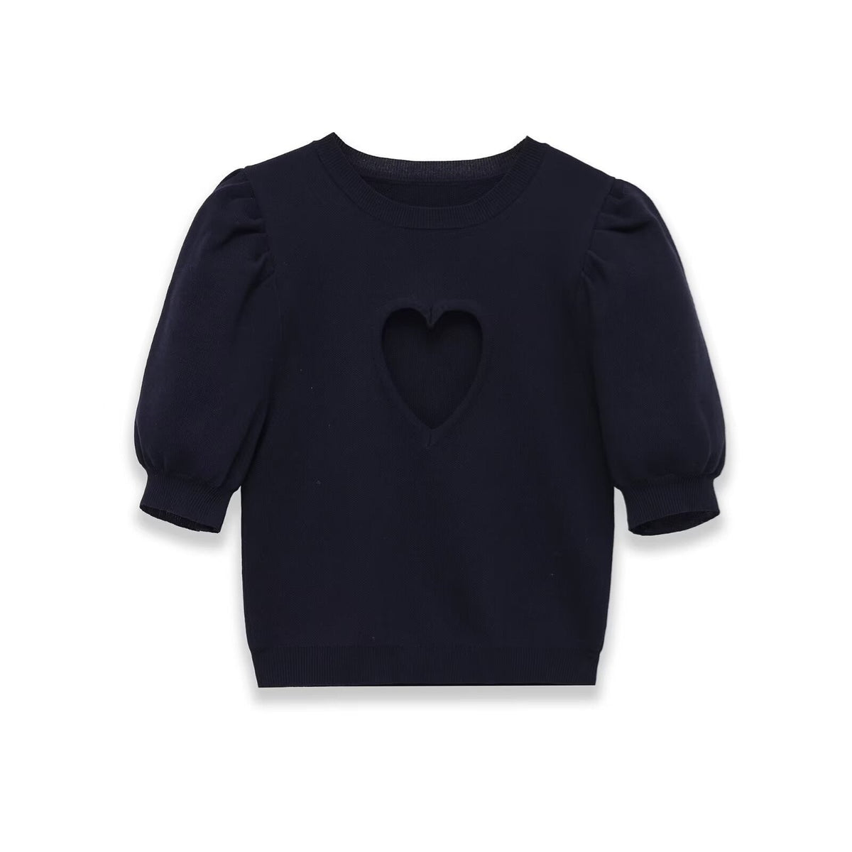 Women's Cotton Sweater with Heart-Shaped Neckline and Puff Sleeves