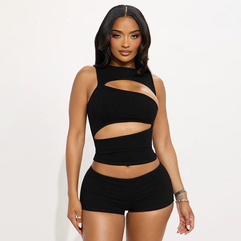 Women's Fashionable Top with Cut-Out Details and Matching Shorts