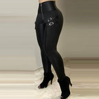 Women's Form-Fitting Faux Leather Leggings with Buckle Details