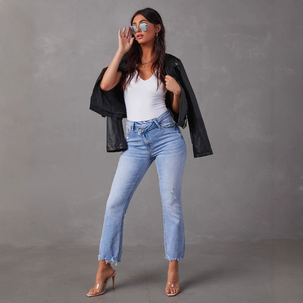 Women's Flared Jeans with Frayed Hems and Distressed Effect