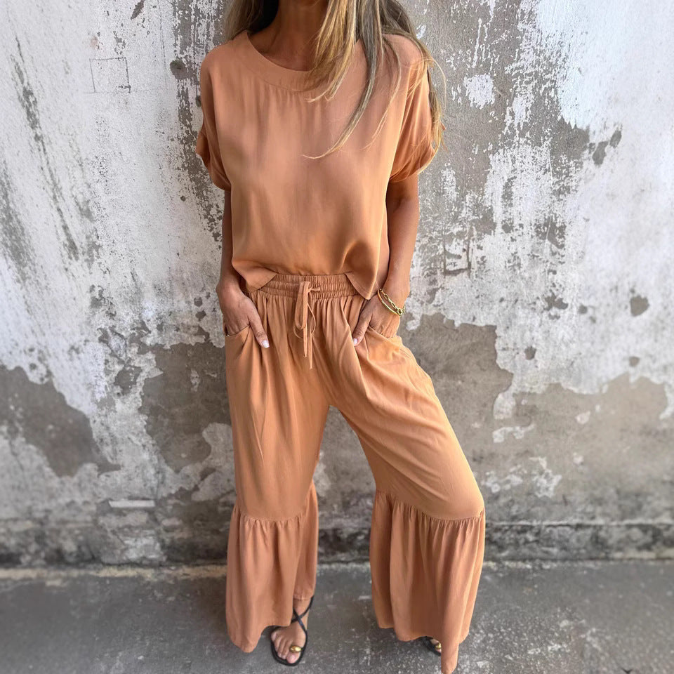 Women's Casual Two-Piece Set with Wide Top and Comfortable Pants