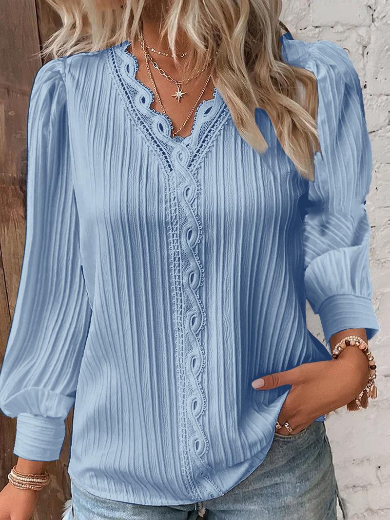 Women's Blouse with Textured Design and Romantic Lace Accents