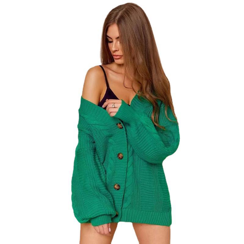 Women's Chunky Knit Cardigan with V-Neck and Button Details