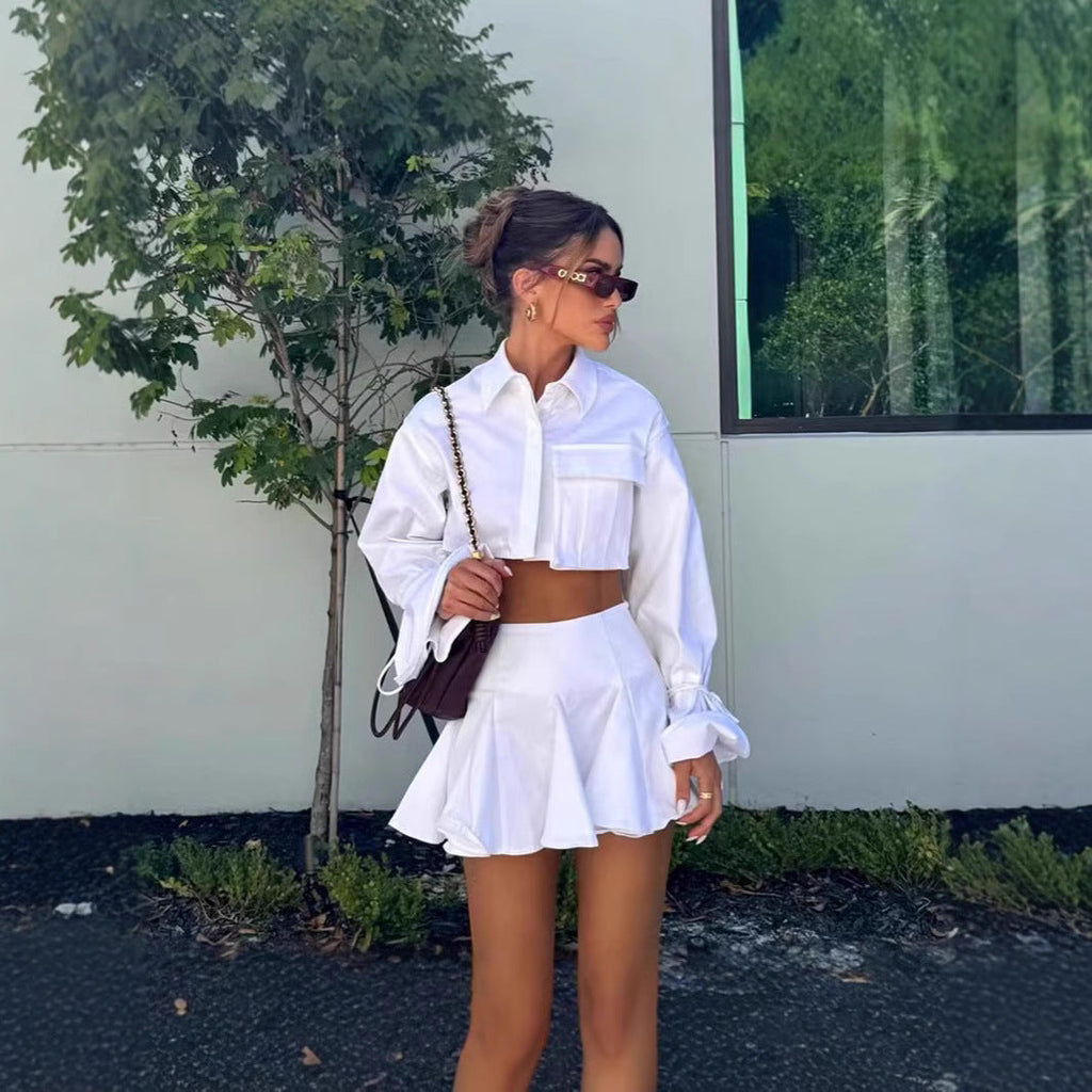 Women's Short-Sleeved Flowing Set with Cropped Blouse and Skirt